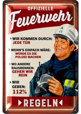 Produktbild von LANOLU Retro Blechschild Feuerwehrregeln - Feuerwehrmann Geschenke für Männer, Feuerwehr Deko Schild - Metallschild mit Spruch in 20x30cm