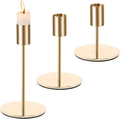 Image de Ensemble de trois chandeliers – Métal doré – Ensemble de bougeoirs vintage – Décoration de table élégante pour les dîners, les mariages et les salons