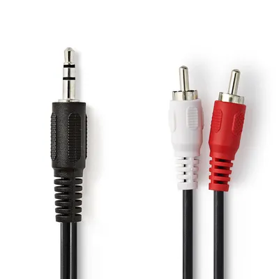 Immagine prodotto di Cavo audio stereo | spina da 3,5 mm | 2 spine RCA | nichelato | 1,50 m | rotondo | nero | gancio