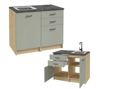 Obrázok produktu pre Názov produktu: Kuchynská zostava nábytku dub Artisan zelený eukalyptus 100 cm pracovná doska betón čierna 2 spodné skrinky zásuvky kuchynská linka bez drezu