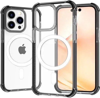 Image de Coque pour iPhone 16 Pro Max, compatible avec MagSafe, transparente avec accents noirs. Coque de protection pour iPhone, compatible MagSafe, et offrant une bonne stabilité