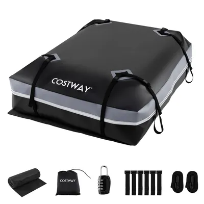 Image de Coffre de toit COSTWAY pour voiture, coffre de toit étanche de 600 L, coffre à bagages avec tapis antidérapant, 6 crochets de porte, serrure et sac de transport, coffre de toit portable XXL gris