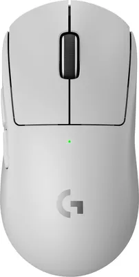 A top-down view of a white wireless gaming mouse.