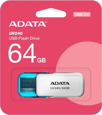 Imagen del producto de ADATA UV240, 64 GB, USB tipo A, 2.0, con tapa, 7 g, azul, blanco