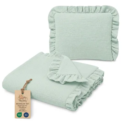 Produktbild von Muselindecke Baby Musselin Set: Babydecke 75x60 cm + Kissen 40x30 cm Babydecke Decke Sommerdecke Kühldecke Bettwäsche Kinder mit Rüschen Baumwolle Set Kissen atmungsaktiv Mintgrün
