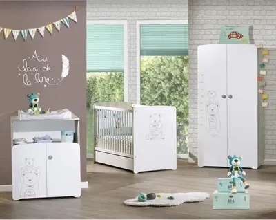 Image de Chambre trio de bébé Teddy : lit 120x60, commode à langer et armoire - Babyprice - Blanc