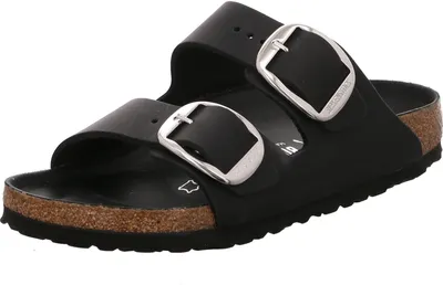 A single black Birkenstock Arizona Big Buckle sandal is shown from a slightly angled front view against a white background.
