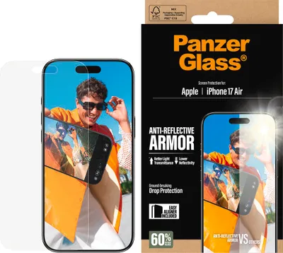 Obrázek produktu pro PanzerGlass ® Anti-Reflective Armor Screen Protector iPhone Air w. EasyAligner, Apple, Apple - iPhone Air, Aplikace nasucho, Odolné proti poškrábání, Odolný proti nárazům, Průhledná, 1 kusů