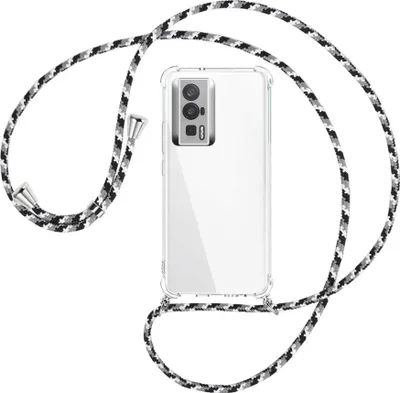 Produktbild von Handykette Backcover-Schutzhülle mit Band (Metall silberfarben) für Xiaomi Poco F5 Pro (6.67'') - schwarz/grau/weiß