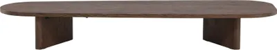 A dark brown, oblong coffee table with two block-like legs, presented against a white background.