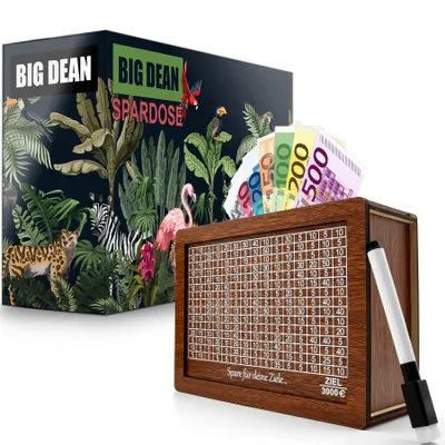 Produktbild von BigDean Spardose mit Ziel 3000€ aus Holz – Sparbox in Geschenkverpackung