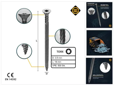 Produktbild von FORTE Tools Universal Holzschraube 3,5 x 16 mm T15 500 Stk. ( 000040113860 ) silber verzinkt Torx Senkkopf Vollgewinde