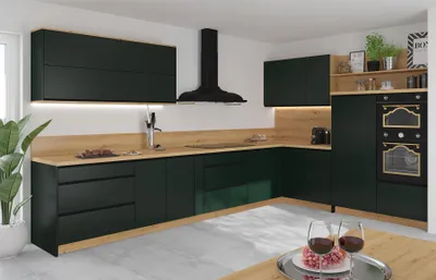 Image de Kitchenette en L Velden 365 x 270 cm, tiroir à sortie partielle sans poignée, chêne artisan - vert émeraude ultra mat