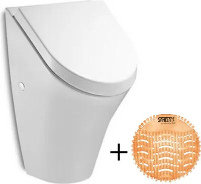 Produktbild von ROCA NEXO Urinal mit SoftClose Deckel Zulauf hinten + Urinal Duftsieb Pissior Spritzschutz Mangoduft inkl. Befestigungsset