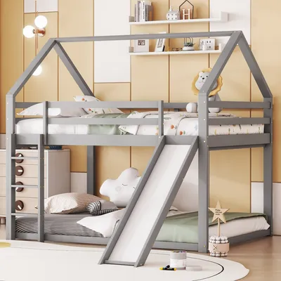 Produktbild von Flieks Etagenbett 140x200cm, Kinderbett Hausbett mit Rutsche und Leiter, Hochbett mit Lattenrost, Stockbett Holzbett mit Rausfallschutz, Grau