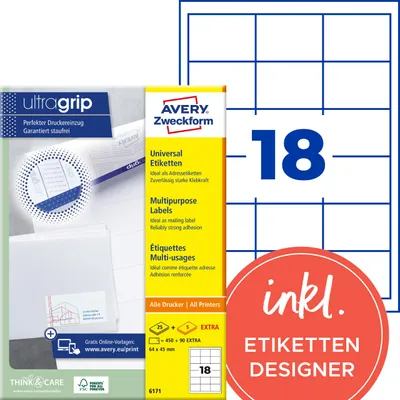 Produktbild von Avery Zweckform 6171 Universal-Etiketten, A4 mit ultragrip,  Adressaufkleber 64 x 45 mm, weiß