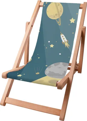 A wooden deck chair with a space-themed fabric print.