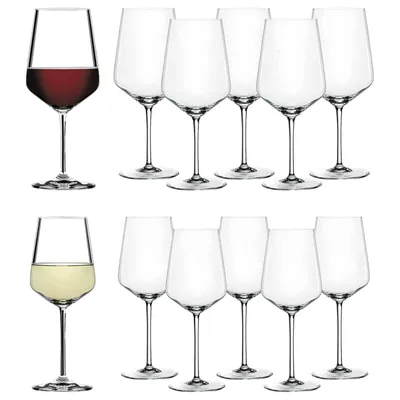 A collection of wine glasses, some filled with red and white wine, arranged on a white background.
