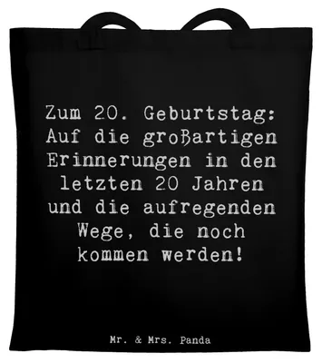 Produktbild von Mr. & Mrs. Panda Tote Bag Spruch 20. Geburtstag - Schwarz - Geschenk, Alter, Uni Tasche, Laptoptasche, Erwachsensein, Shopping, Teenagerzeit, Tragetasche, Happy Birthday