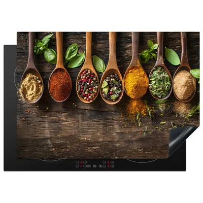 Obrázok produktu pre KitchenYeah® Kryt na sporák lyžica - bylinky - korenie - drevo, 75x52cm, kuchynská dekorácia, keramický kryt na varnú dosku, krycia doska na varnú dosku