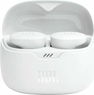 A pair of white JBL Tune Buds wireless earbuds are shown inside their white charging case.