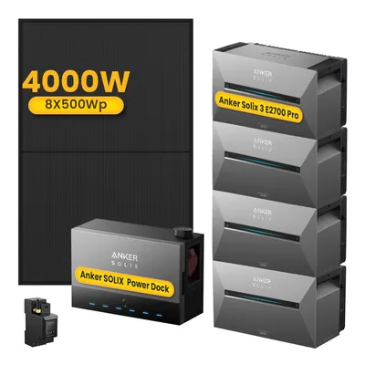 Produktbild von Powerness Balkonkraftwerk mit Speicher, Anker Multisystem SOLIX Power Dock mit 4x Anker Solarbank 3 E2700 Pro & 8x 500W Solarmodule & Smart Meter