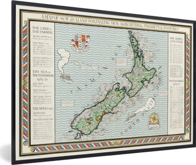Produktbild von MuchoWow® MuchoWow® Gerahmtes Poster Karte - Neuseeland - Vintage 90x60 cm - Poster mit zchwarzem Bilderrahmen - Fotorahmen - Foto-Plakat