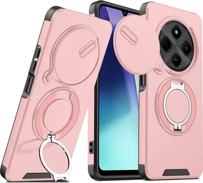 Immagine prodotto di Custodia a doppio strato per Xiaomi Redmi A4 5G / Poco C75 / Redmi 14C 4G, con copertura scorrevole della fotocamera e supporto ad anello magnetico Rosa