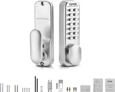 A mechanical keypad lock and its accessories are displayed against a white background.