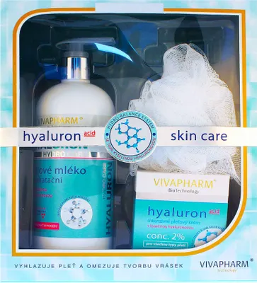 Zdjęcie produktu dla Zestaw upominkowy Vivaco Hyaluron Acid Care Krem do twarzy z kwasem hialuronowym 50 ml + Balsam do ciała z kwasem hialuronowym 400 ml + Ściereczka do masażu