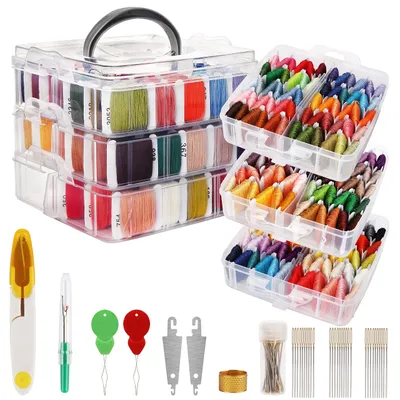 Immagine prodotto di Set di filati per ricamo Handi Stitch - (187 confezioni) - Set per punto croce con scatola trasparente a 3 livelli - 150 fili colorati su rocchetti di carta -