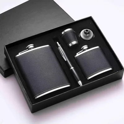 Produktbild von Flachmann Set Edelstahl 8oz 3oz Hip Flask Leder Geschenk Väter Männer Wandern Camping Klettern