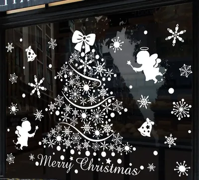 Produktbild von Große Weihnachtsbaum-Fensteraufkleber, weiße Rentier-Schneeflocke, Weihnachts-Fensterdekorationsaufkleber, wiederverwendbare Weihnachts-Fenster-/Türaufkleber für die Weihnachtsschaufensterdekoration
