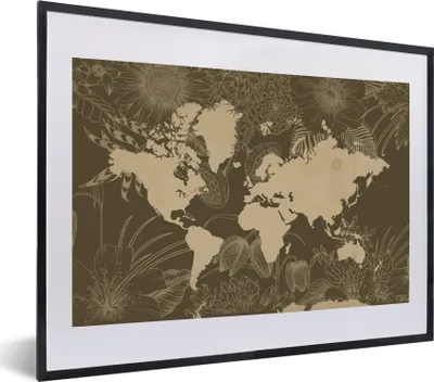 Produktbild von MuchoWow® MuchoWow® Gerahmtes Poster Weltkarte - Blumen - Braun 60x40 cm - Poster mit zchwarzem Bilderrahmen - Schlafzimmer - Plakat in Rahmen - Drucken
