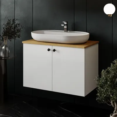 Produktbild von Waschtisch Set Mimoza | Waschtisch mit Unterschrank Weiß | Badschrank & Keramik  mit Konsole Eiche