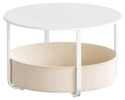 Produktbild von Couchtisch - Runder Beistelltisch mit Aufbewahrungskorb - Metallrahmen - 80 x 80 x 50,5 cm - Minimalistisch-moderner Stil - Weiß + Beige