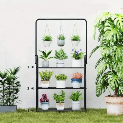 Image de Étagère à plantes – Support à plantes à 3 niveaux avec crochet – Structure métallique – Hauteur : 137 cm