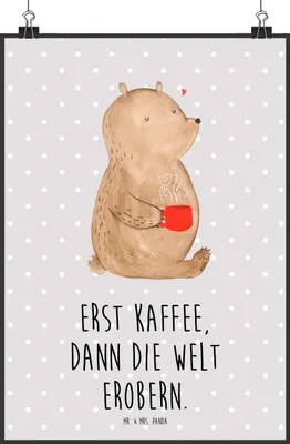 Produktbild von Mr. & Mrs. Panda Bild Bär Kaffee DIN A2 - Grau Pastell - Geschenk, Wandbild, Guten Morgen, drucke, Deko, Plakat, Coffee, wanddeko, Teddy, Bären, Morgenroutine