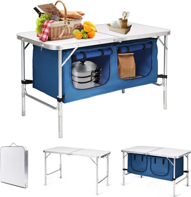 Produktbild von KOMFOTTEU Campingtisch zusammenklappbar, höhenverstellbar 53,5 cm / 71 cm, Picknicktisch aus Aluminium mit 120 l Schließfächern, Outdoor Tische 120 x 61 cm, für Grill, Party