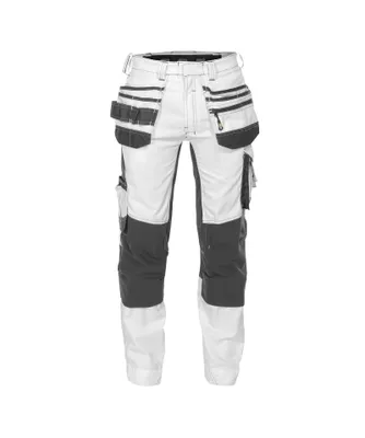 A pair of white and gray work pants with multiple pockets, presented against a white background.