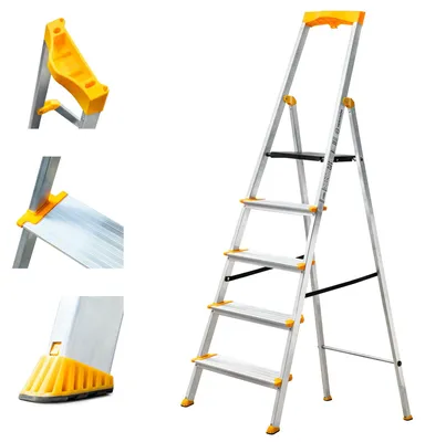 Image de Échelle, 5 marches en aluminium, pliante, avec support pour outils, marches extra larges de 12 cm