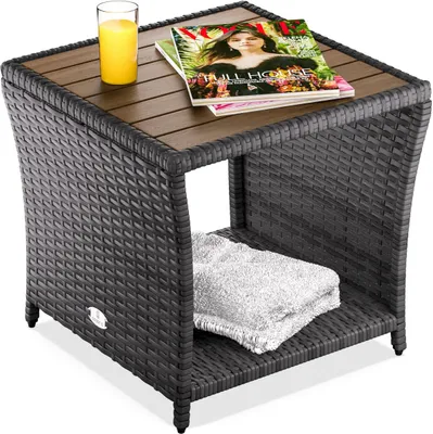 Produktbild von CASARIA® Beistelltisch Wetterfest Klein Holz Polyrattan Akazie 45x45x40cm 80kg Belastbarkeit Outdoor Tisch Gartentisch Balkontisch Gartenmöbel, Farbe:Grau