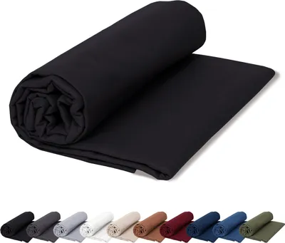 A rolled-up black bedsheet is displayed on a white background, with a row of other colored bedsheets shown below.