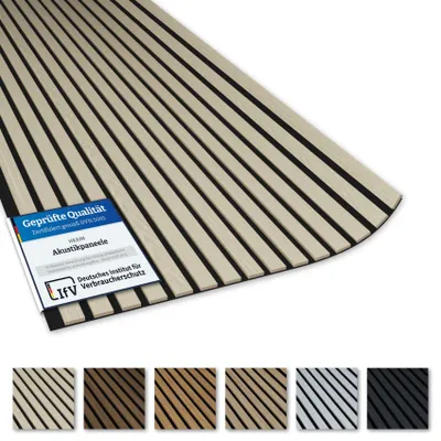 Produktbild von AKUSTIKO Lamella Akustikpaneele 4 Stück 280x60cm - flexible Filz MDF Wandpaneele fugenlos - überlappende Holz Lamellenwand, Premium Paneele - Akustik Wandverkleidung (6.72m² White Ash)