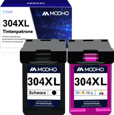 Two printer ink cartridges and their packaging are displayed.