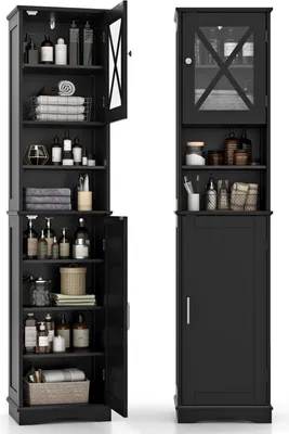 Produktbild von GOPLUS 170 cm Badezimmerschrank, freistehender Aufbewahrungsschrank mit Acryl-Türen & verstellbaren Regalen, 2 offene Fächer, Badschrank für Küche