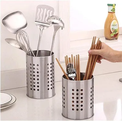 Produktbild von Besteckhalter – Silberfarben – 16,5 x 10 cm und 15 x 12 cm – Edelstahl-Organizer mit Holzoptik – Für Besteck und Küchenutensilien