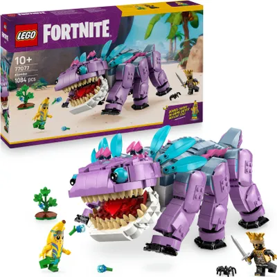Produktbild von LEGO Fortnite Klombo Monster Bausatz 77077: Dino mit beweglichen Beinen, aufklappbarem Maul & drehbarem Schwanz, Klombeerstrauch & 2 Minifiguren (Inselabenteuer-Schali, Oro). 1.084 Teile. Für Kinder & Fans ab 10 Jahren. Inkl. In-Game-Bonus für LEGO Fortnite via QR-Code.
