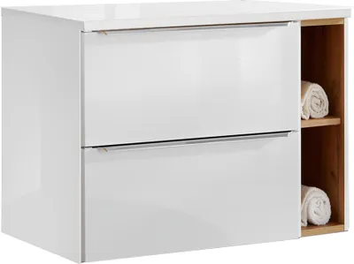 Produktbild von Waschtischunterschrank 81cm mit 2 Auszügen und Regal TOSKANA-56 in Hochglanz weiß mit Wotaneiche, B/H/T ca. 81/59,5/46 cm