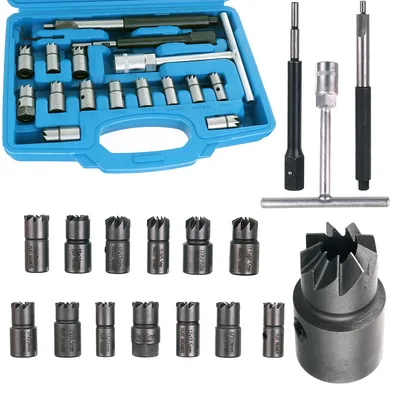 A set of injector socket wrenches and accessories is laid out against a white background.